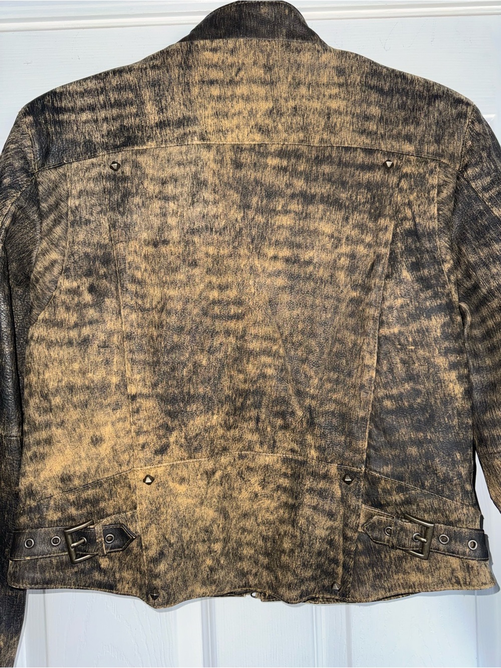 HARLEY DAVIDSON Vintage Distressed Tiger Stripe Leather Stud Riding Zip Jacket S - Picture 8 of 13